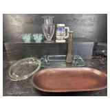 MISC LOT OF PYREX, WOOD TRAY, BOX