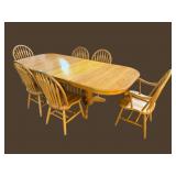 OAK DINING ROOM TABLE AND 6 ARROW BACK CHAIRS