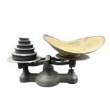 ANTIQUE CAST IRON SCALE WITH 5 WEIGHTS