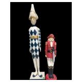 TALL WOODEN JESTER & CERAMIC FIGURES