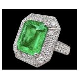 PLATINUM LARGE NATURAL EMERALD AND DIAMOND RING