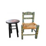 SMALL ROOSTER STOOL AND WOVEN CHAIR