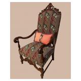 WALNUT HEAVY CARVED OPEN ARM THRONE CHAIR