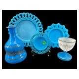 5 PC LOT OF ANTIQUE BLUE OPALINE MILK GLASS