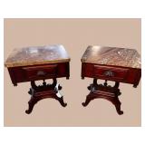 2 CHERRY MARBLE TOP LYRE BASE END TABLES