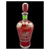 RUBY SILVER OVERLAY GLASS DECANTER WITH STOPPER