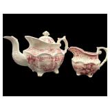 2 PC LOT ANTIQUE PINK AND WHITE PORCELAIN TEAPOT