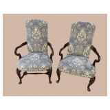 2 HIGH BACK QUEEN ANNE BLUE AND WHITE CHAIRS
