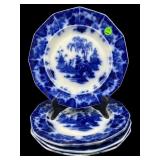 SET OF 4 ANTIQUE FLOW BLUE PORCELAIN DINNER PLATES