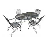 WROUGHT IRON TABLE AND 4 SPRING CHAIRS