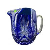 LARGE BOHEMIAN COBALT CUT TO CLEAR TANKARD PITCHER