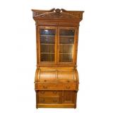 LARGE OAK VICTORIAN CYLINDER ROLL SECRETARY