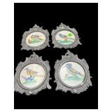 LOT OF 4 HAND PAINTED TILES IN PEWTER FRAMES