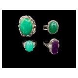 LOT OF 4 GREEN/PURPLE STONE COSTUME SILVER TONED