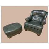 HANCOCK & MOORE GREEN LEATHER CHAIR AND OTTOMAN