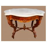 WALNUT VICTORIAN CARVED MARBLE TOP TABLE