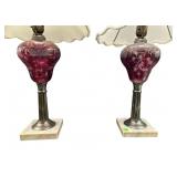 2 ANTIQUE CRANBERRY ETCHED MARBLE TABLE LAMPS