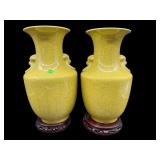 2 ORIENTAL YELLOW PORCELAIN VASES WITH STANDS