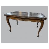 MAHOGANY FRENCH CARVED DRAW LEAF TABLE