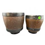 LOT OF 2 ANTIQUE WOOD AND METAL BARREL PLANTERS