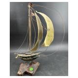 BRASS SHIP ON WOOD STAND