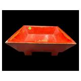 PAINT DECORATED WOODEN FOOTED SQUARE BOWL