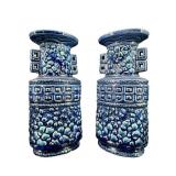 PR OF ORIENTAL CERAMIC DECORATIVE BLUE URN VASES