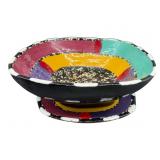 2 PC ARTISAN MADE SIGNED MULTICOLOR POTTERY BOWL