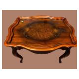 FRENCH MAHOGANY PAINT DECORATED TRAY TOP TEA TABLE