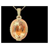 14K NATURAL MORGANITE & DIAMOND PENDANT WITH CHAIN
