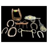 LOT OF PRIMITIVE BARN PULLEYS AND HORSESHOES