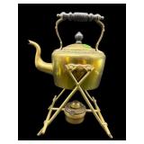 ORNATE ANTIQUE BRASS TEA KETTLE ON STAND