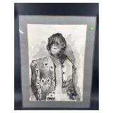 MID CENTURY INK WASH DRAWING IN FRAME