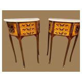 2 HALF ROUND FRENCH MARBLE TOP INLAID STANDS