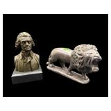 2 PC LOT DECORATIVE BUST AND CARVED STONE LION