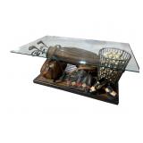 LARGE GOLF CLUB AND BALL GLASS TOP COFFEE TABLE