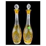 2 YELLOW CUT TO CLEAR BOHEMIAN TALL CRUETS