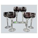 LOT OF 6 RUBY RED CUT TO CLEAR CRYSTAL WINE