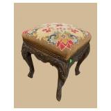 HEAVY CARVED OAK NEEDLEPOINT STOOL