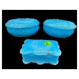 LOT OF 3 ANTIQUE BLUE OPALINE MILK GLASS TRINKET