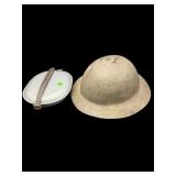 2 PC LOT WWII CIVIL DEFENSE HELMET & COOKING POT