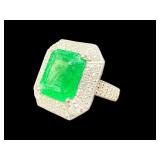 PLATINUM LARGE NATURAL EMERALD AND DIAMOND RING
