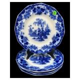 SET OF 4 ANTIQUE FLOW BLUE PORCELAIN DINNER PLATES