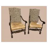 2 ANTIQUE CARVED LEATHER AND FABRIC CHAIRS