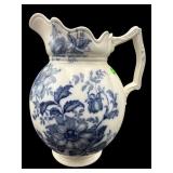 LARGE ANTIQUE DAHLIA BLUE AND WHITE FLORAL PITCHER