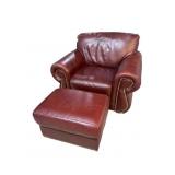 ITALIAN LEATHER BURGUNDY CHAIR & OTTOMAN
