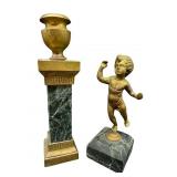 2 PC LOT MARBLE AND BRASS FIGURINE AND CANDLE