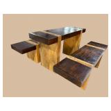 MAHOGANY INLAID DESIGNER TABLE AND 2 BENCHES