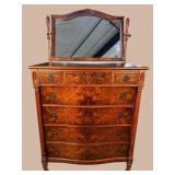 WALNUT CARVED TALL CHEST WITH MIRROR
