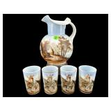 5 PC ANTIQUE HAND BLOWN LAKE SCENE PITCHER WITH